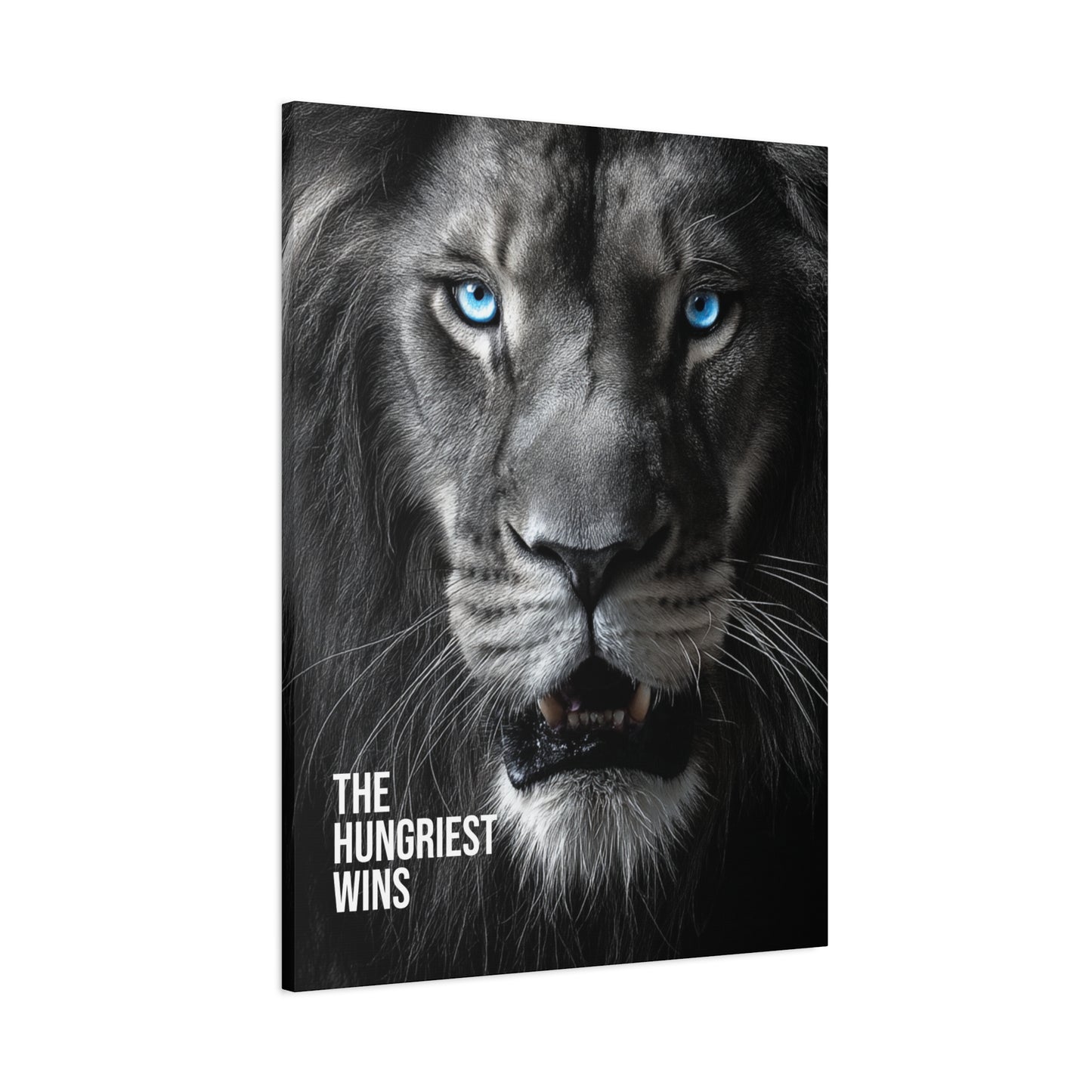 Canvas Print - Intense Lion Stare Down with Bright Blue Eyes 'The Hungriest Wins'