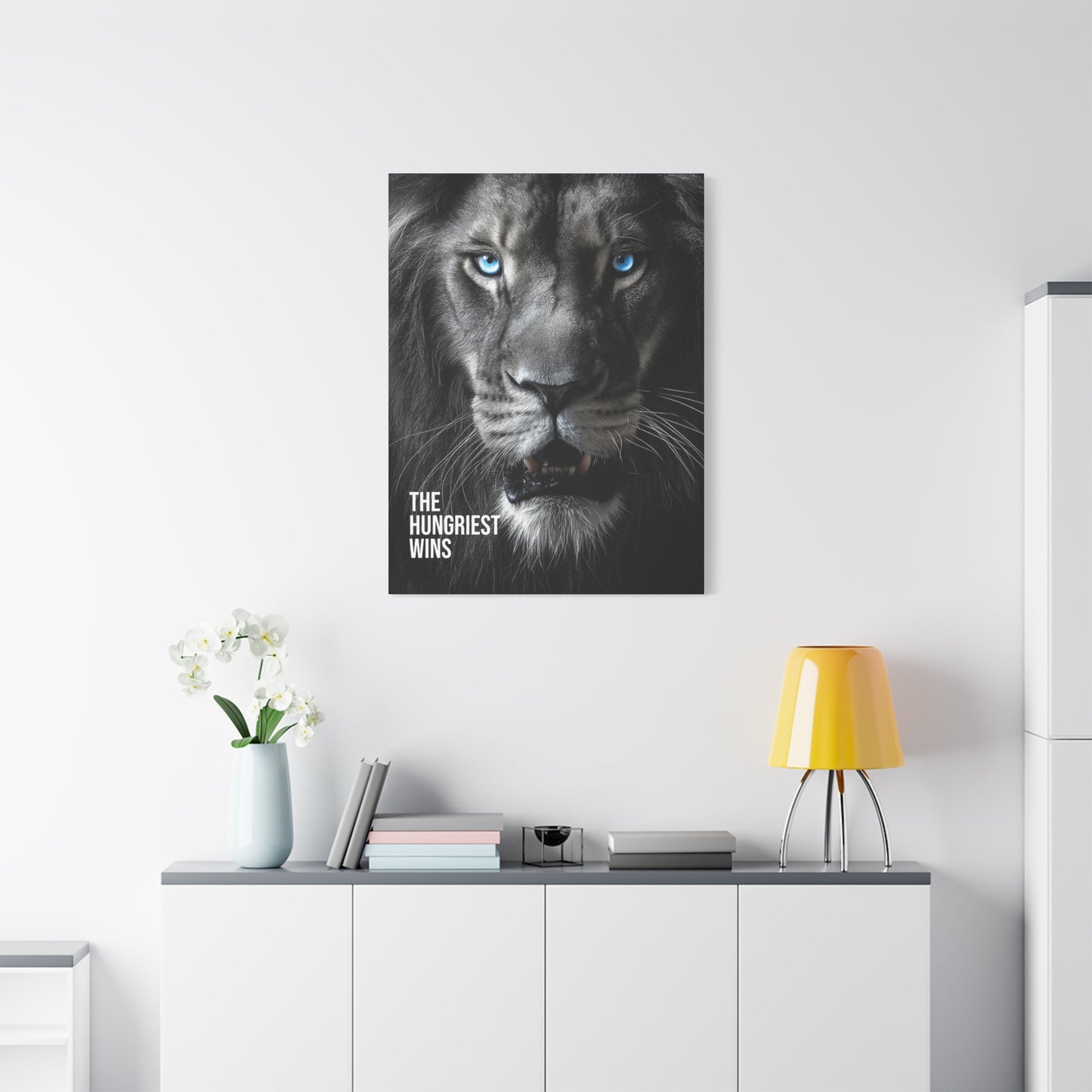 Canvas Print - Intense Lion Stare Down with Bright Blue Eyes 'The Hungriest Wins'