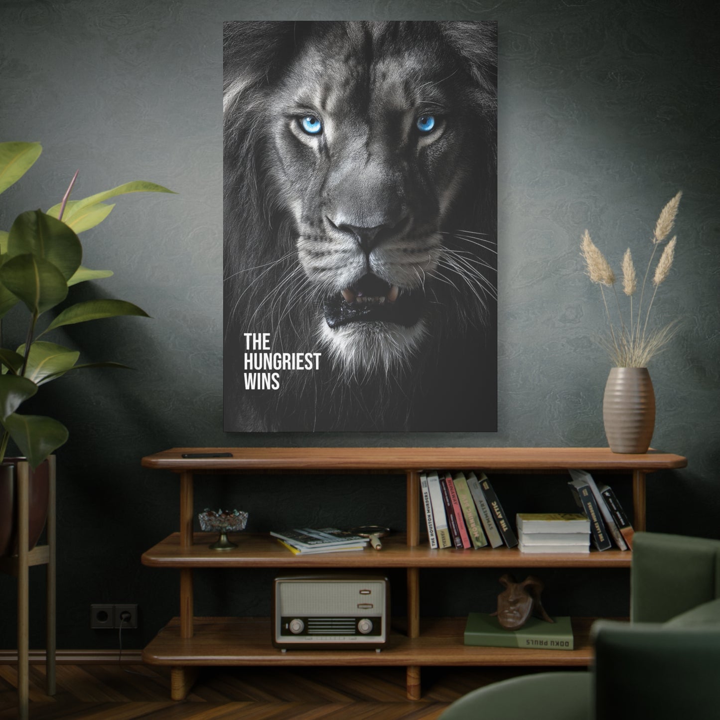 Canvas Print - Intense Lion Stare Down with Bright Blue Eyes 'The Hungriest Wins'