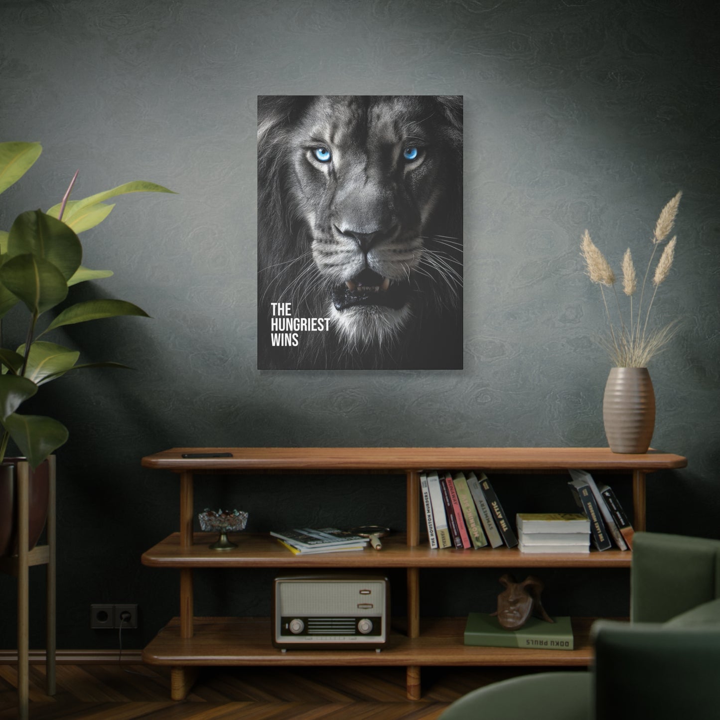 Canvas Print - Intense Lion Stare Down with Bright Blue Eyes 'The Hungriest Wins'
