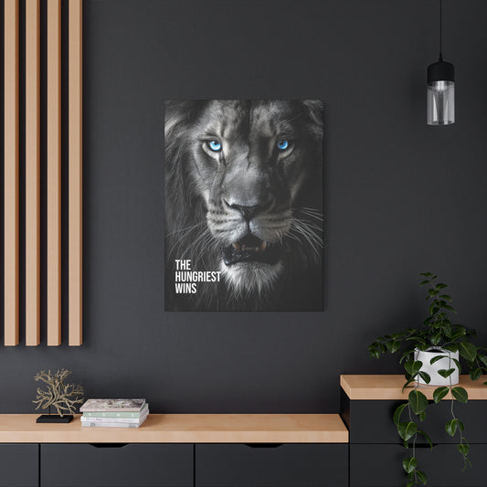 Canvas Print - Intense Lion Stare Down with Bright Blue Eyes 'The Hungriest Wins'