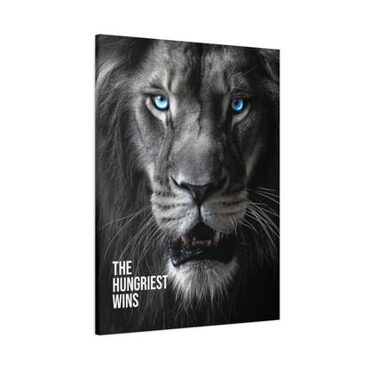 Canvas Print - Intense Lion Stare Down with Bright Blue Eyes 'The Hungriest Wins'