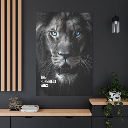 Canvas Print - Intense Lion Stare Down with Bright Blue Eyes 'The Hungriest Wins'