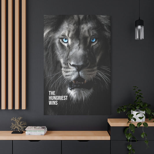 Canvas Print - Intense Lion Stare Down with Bright Blue Eyes 'The Hungriest Wins'
